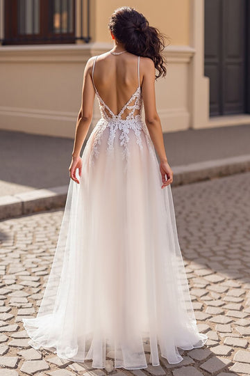 Ivory Appliqued A Line Tulle Long Wedding Dress